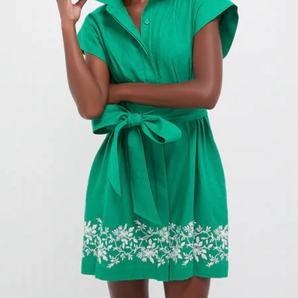 Tuckernuck Garden Green Embroidered Cotton Linen Mini Callie Dress